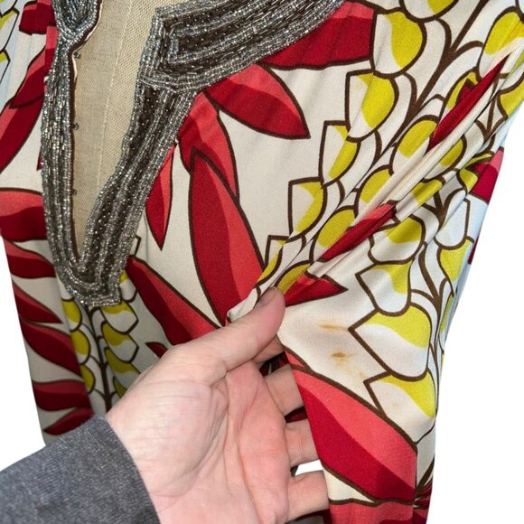 tory burch heavily beaded embellished red yellow floral 100% silk tunic top L - Picture 3 of 4